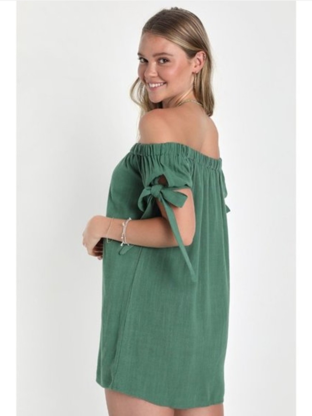 Lulu's Al Fresco Evenings Olive Green Off-Shoulder Tie-Sleeve Mini Dress Size L